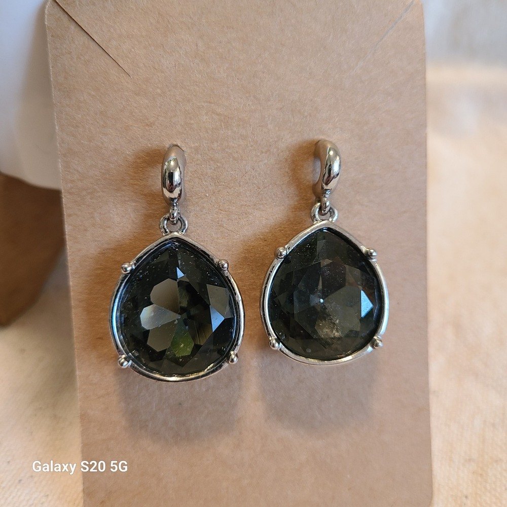 Teardrop Dangle Earrings Faceted Black Stone Silver Tone Statement Jewelry